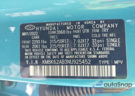 2022 Hyundai Kona Sel z USA, uszkodzony, nr VIN KM8K62AB3NU925452